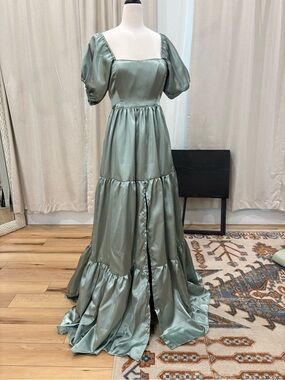 Elegant Sage Green Satin Tiered Maxi Dress